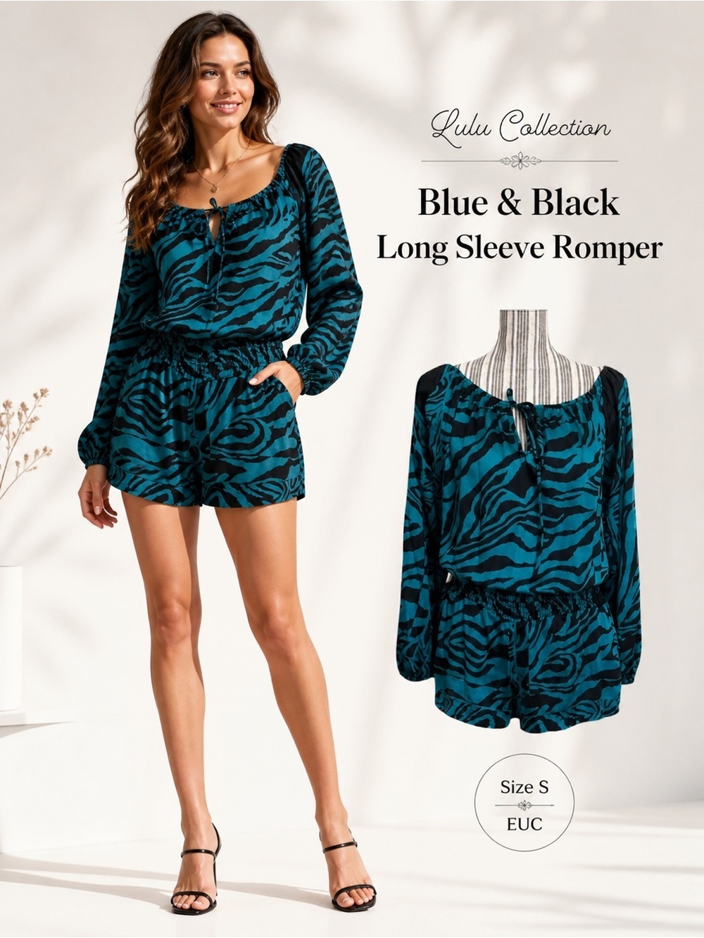 Lulu Collection Blue Black Zebra Print Long Sleeve Romper Size S EUC Boho Chic